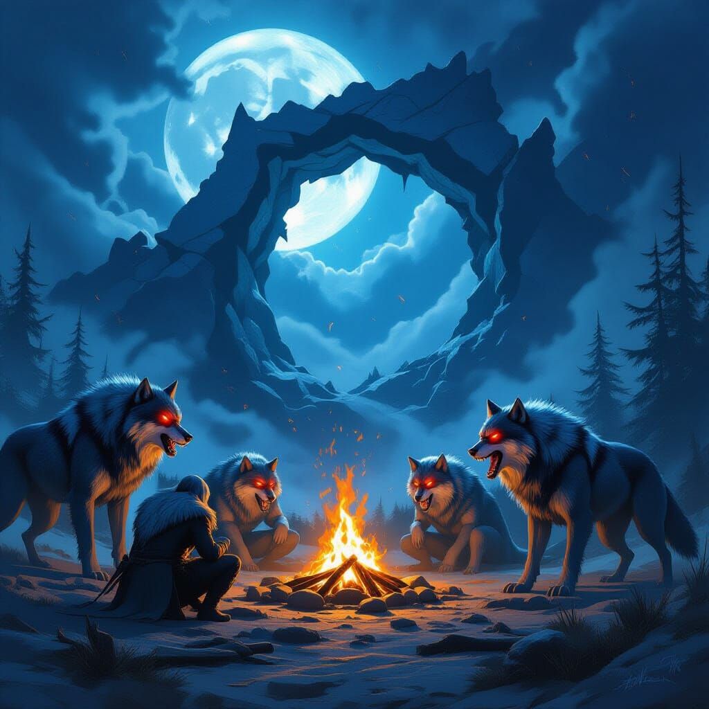 Dire Wolves Hunt Under Pale Skyrim Moons