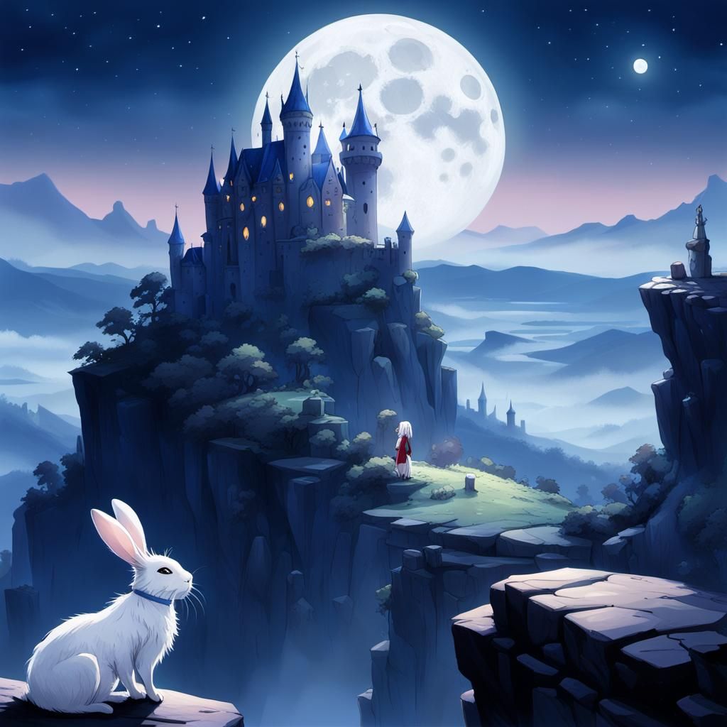Girl, Moon, Castle, and Bunny in Dreamy Scene