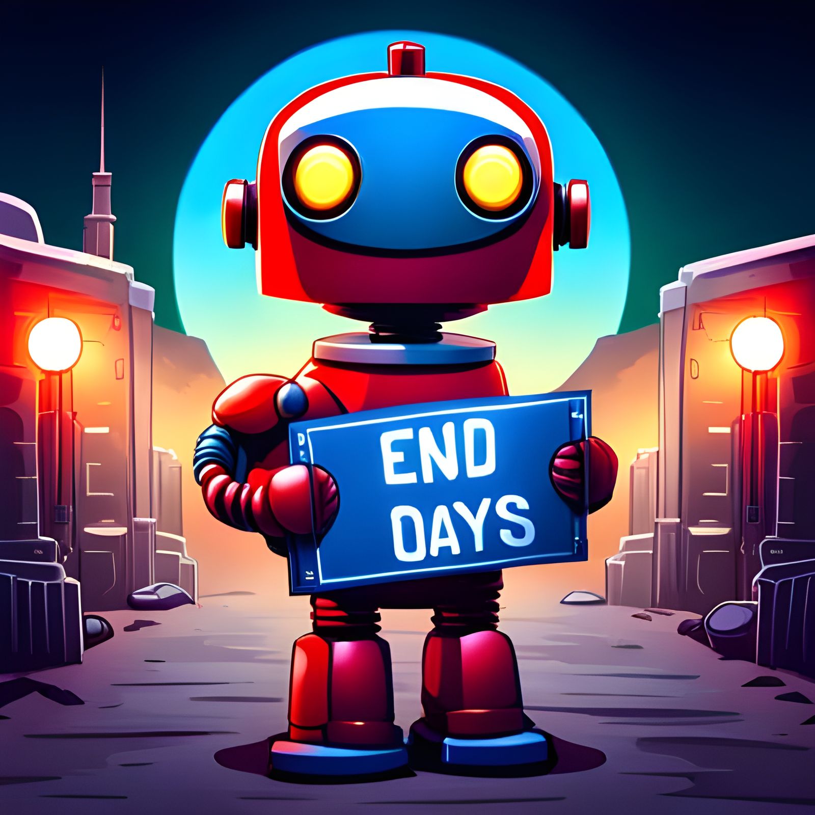 Cute Robot's End of Days Message in Apocalyptic Scene