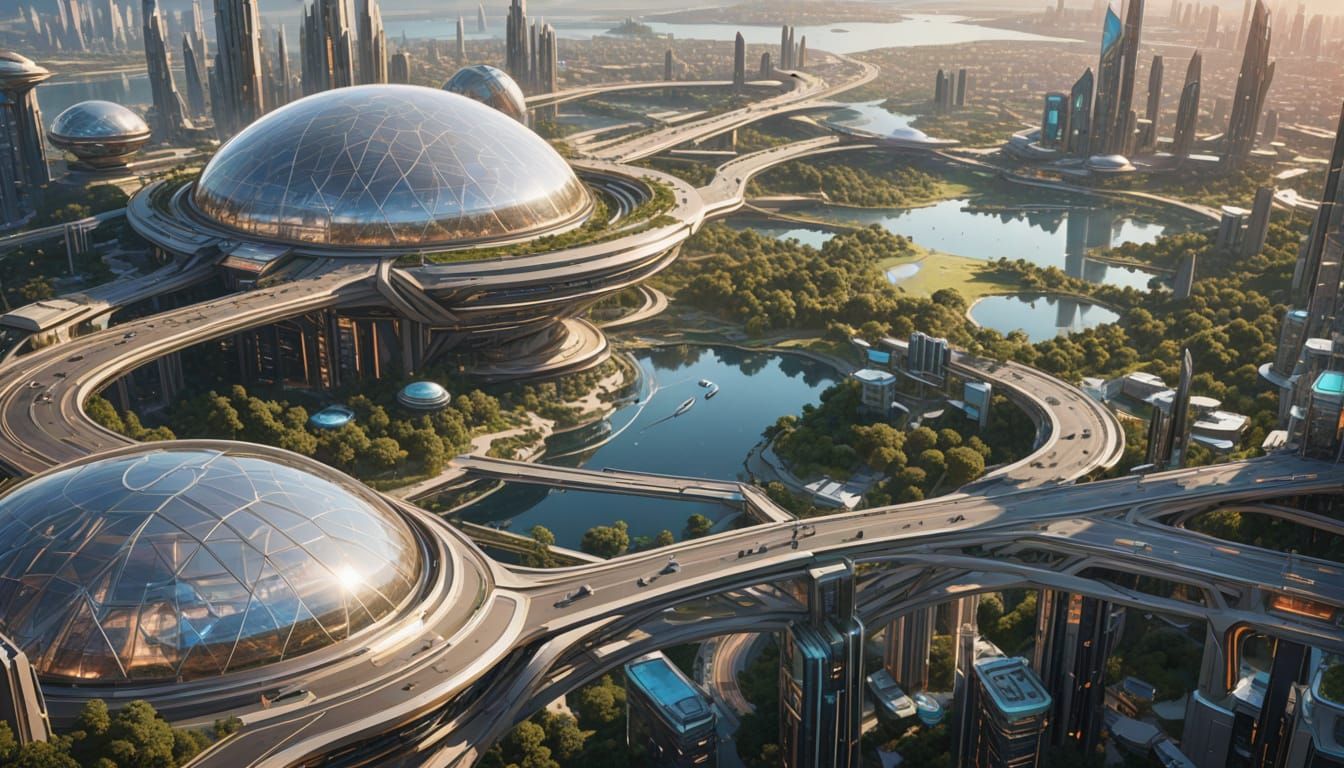 Gleaming Futuristic Metropolis at Sunset