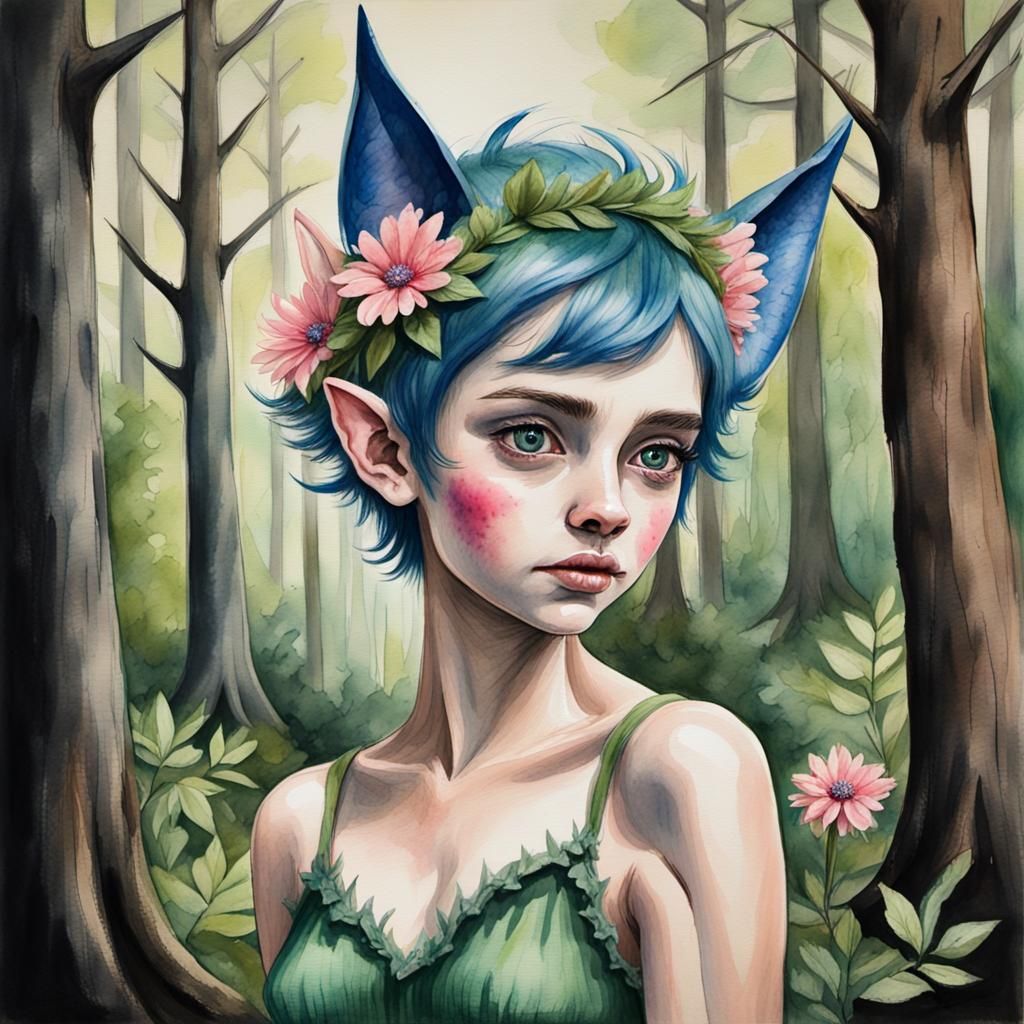Blue Pixie in Forest as Watercolor Charcoal Art