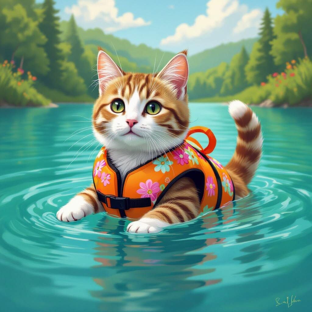 Cat Swims in Lake as Beatrix Potter Art