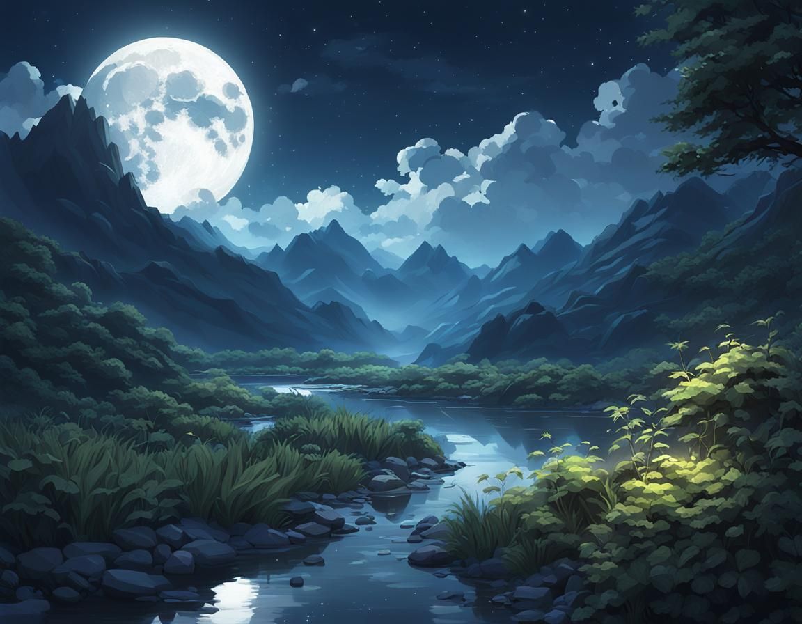 Anime Nightscape: Moonlit River and Mountains