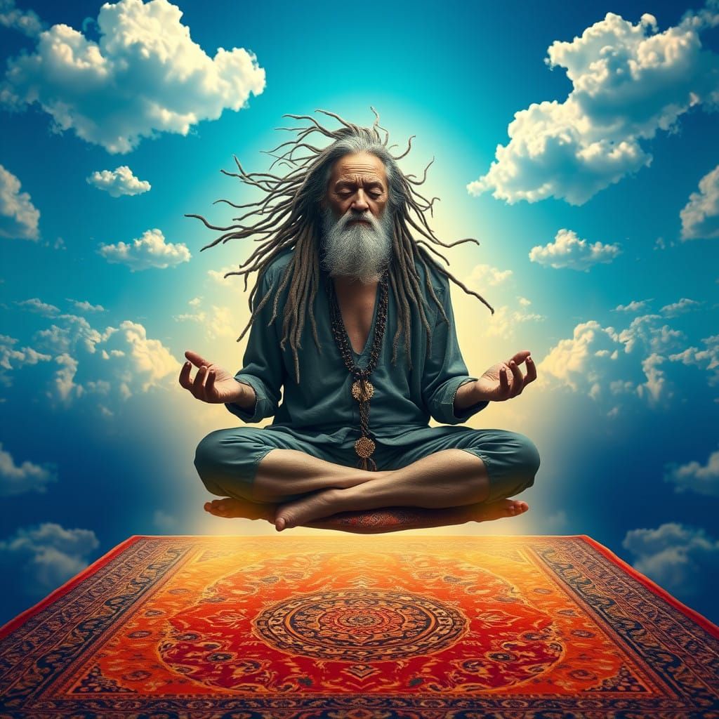 Elderly Mystic Meditates in Electric Blue Atmosphere