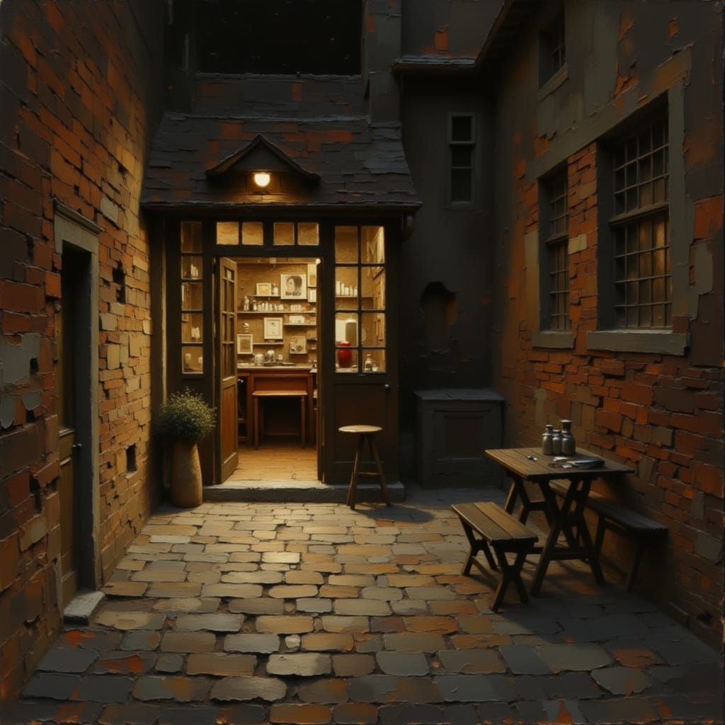 Cozy 1800s Cafe in Dark Alleyway Oil Painting