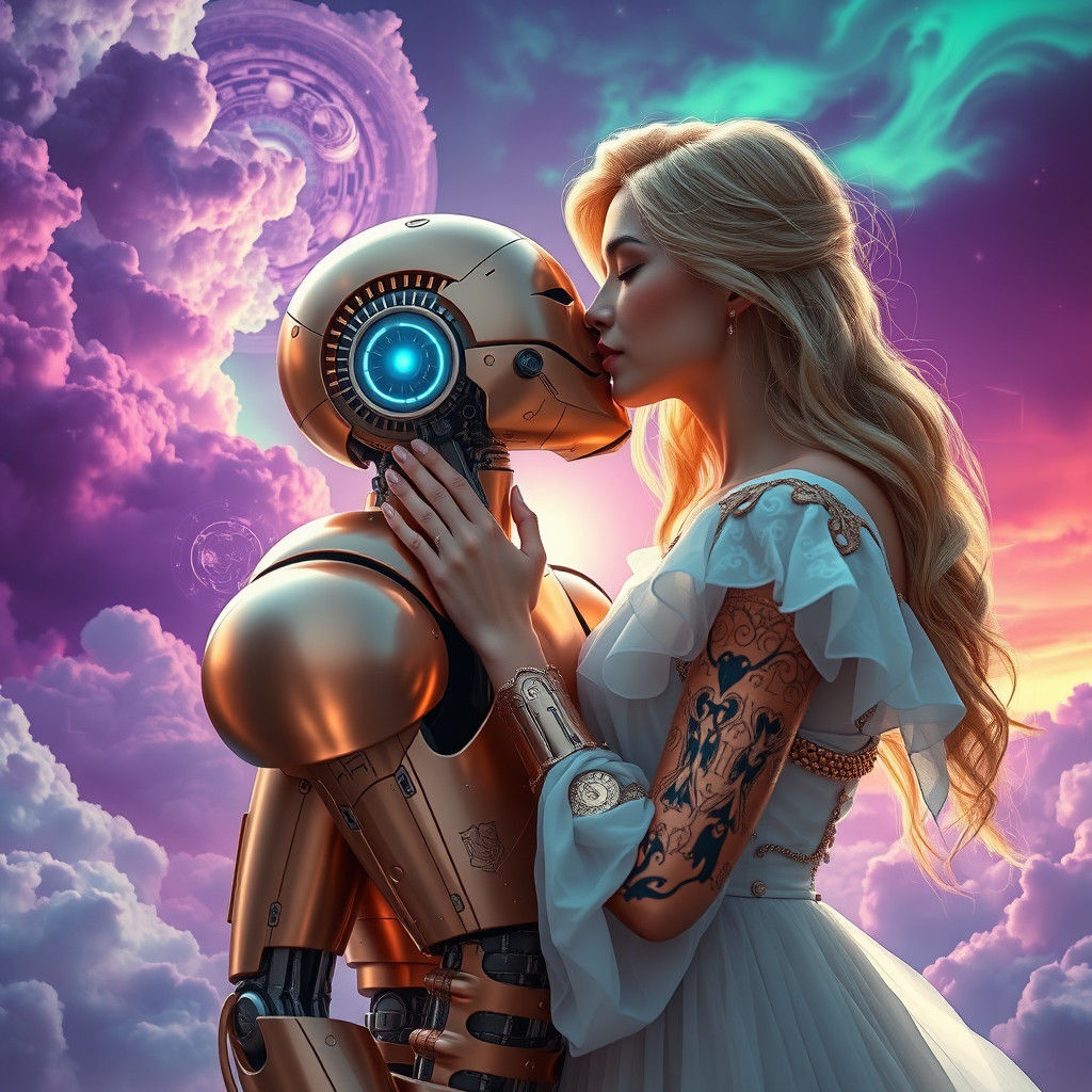 Woman Embraces Robot in Surreal Landscape