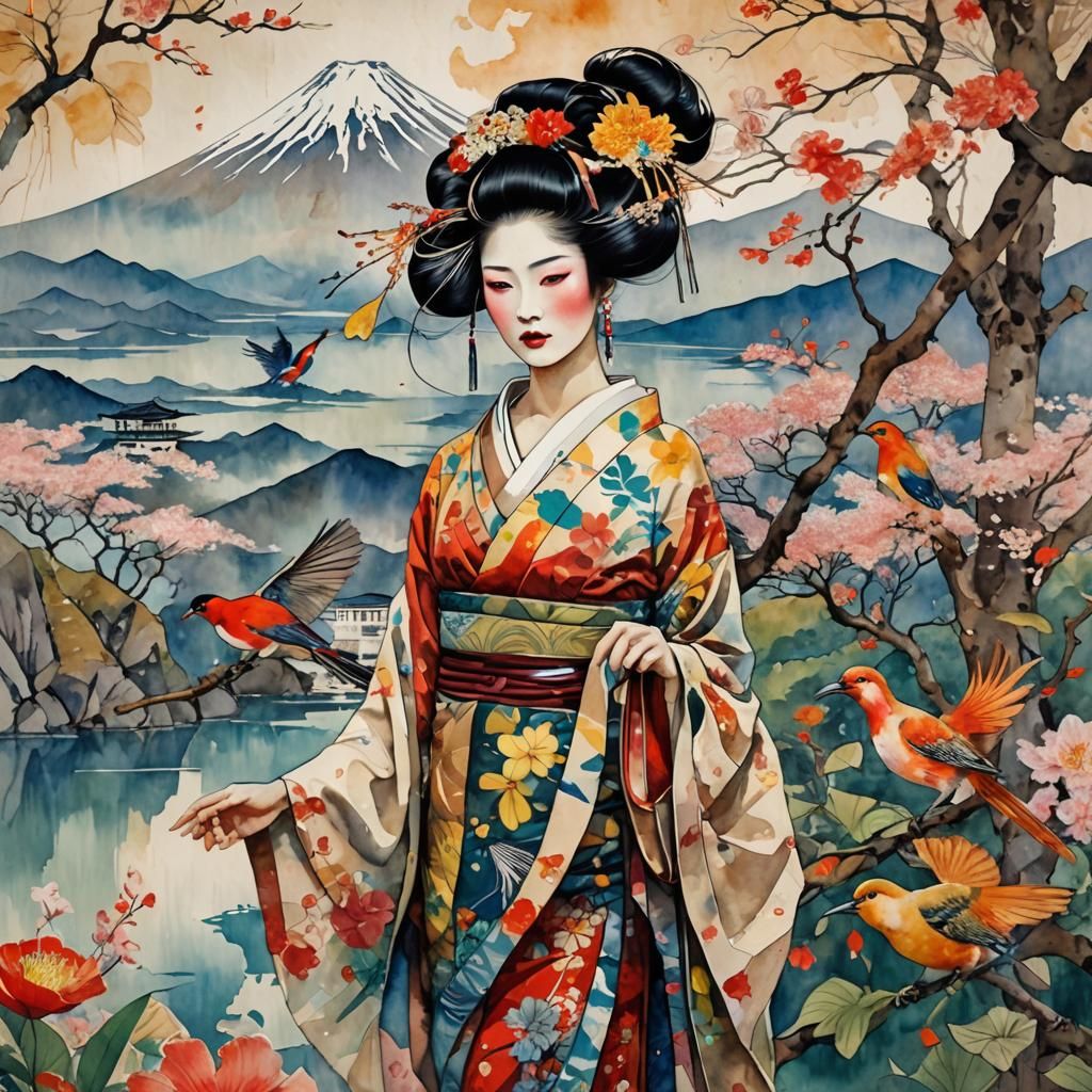Geisha and Mount Fuji in Art Deco Style