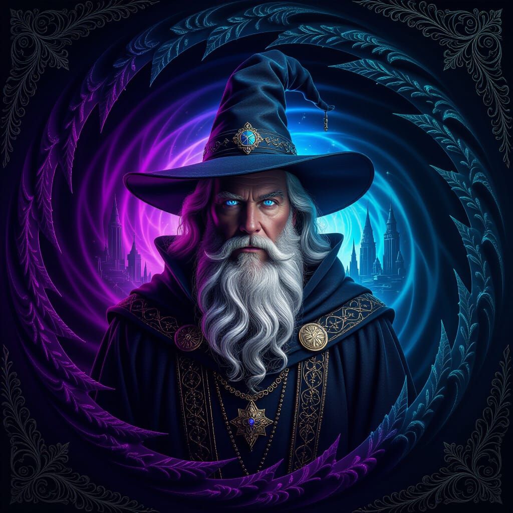 Wizard Portrait with Alien Architecture in Hyperrealism