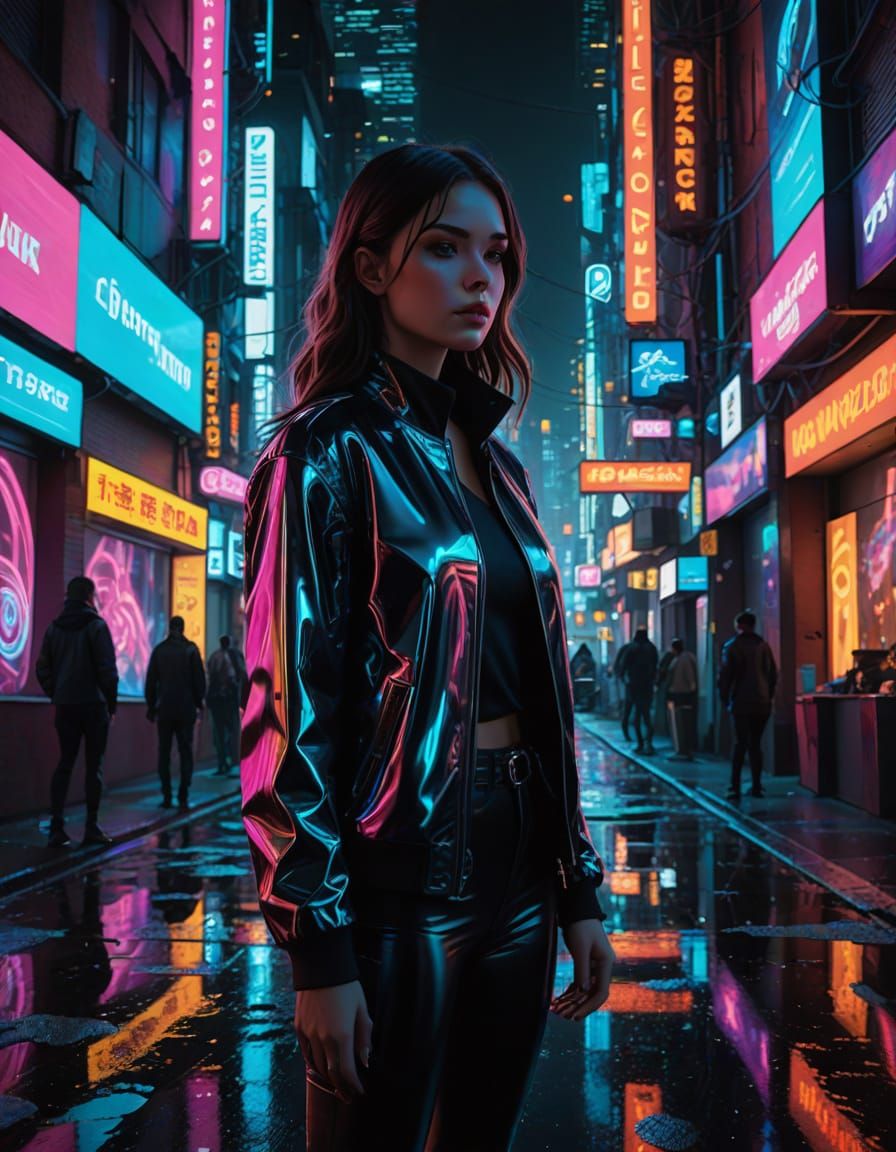Glowing City Goddess Pouts in Neon-Lit Alleyway