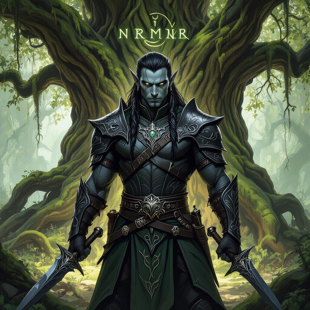 Dark Elf Druid Fighter with Obsidian Daggers in Ancient Fore...