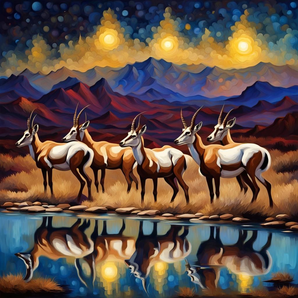 Antelopes Under Starry Sky: Impasto Oil Painting