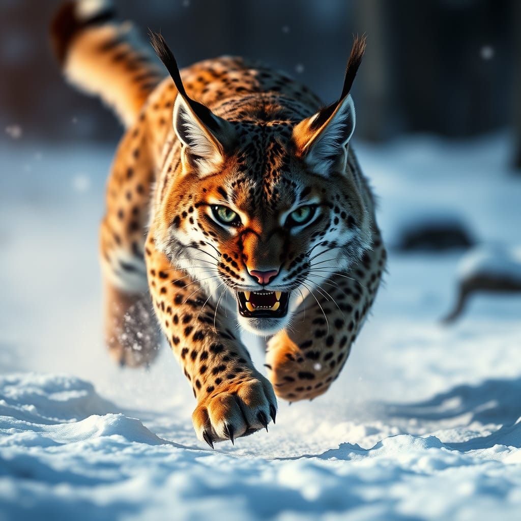 Primal Lynx Pounces in Snowy Habitat - Fantasy Art