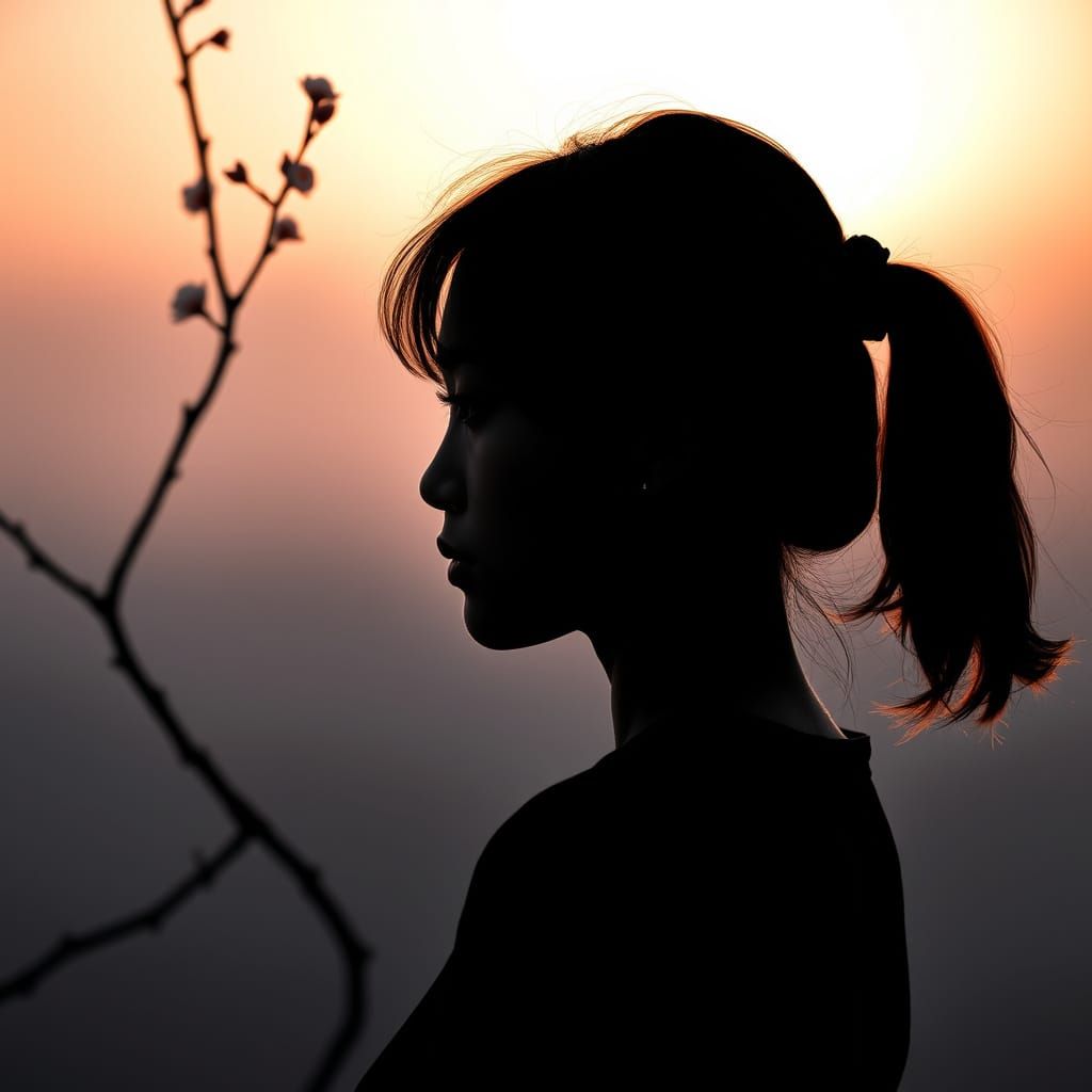 Young Woman Silhouette Against Vibrant Sunset Coastline in I...