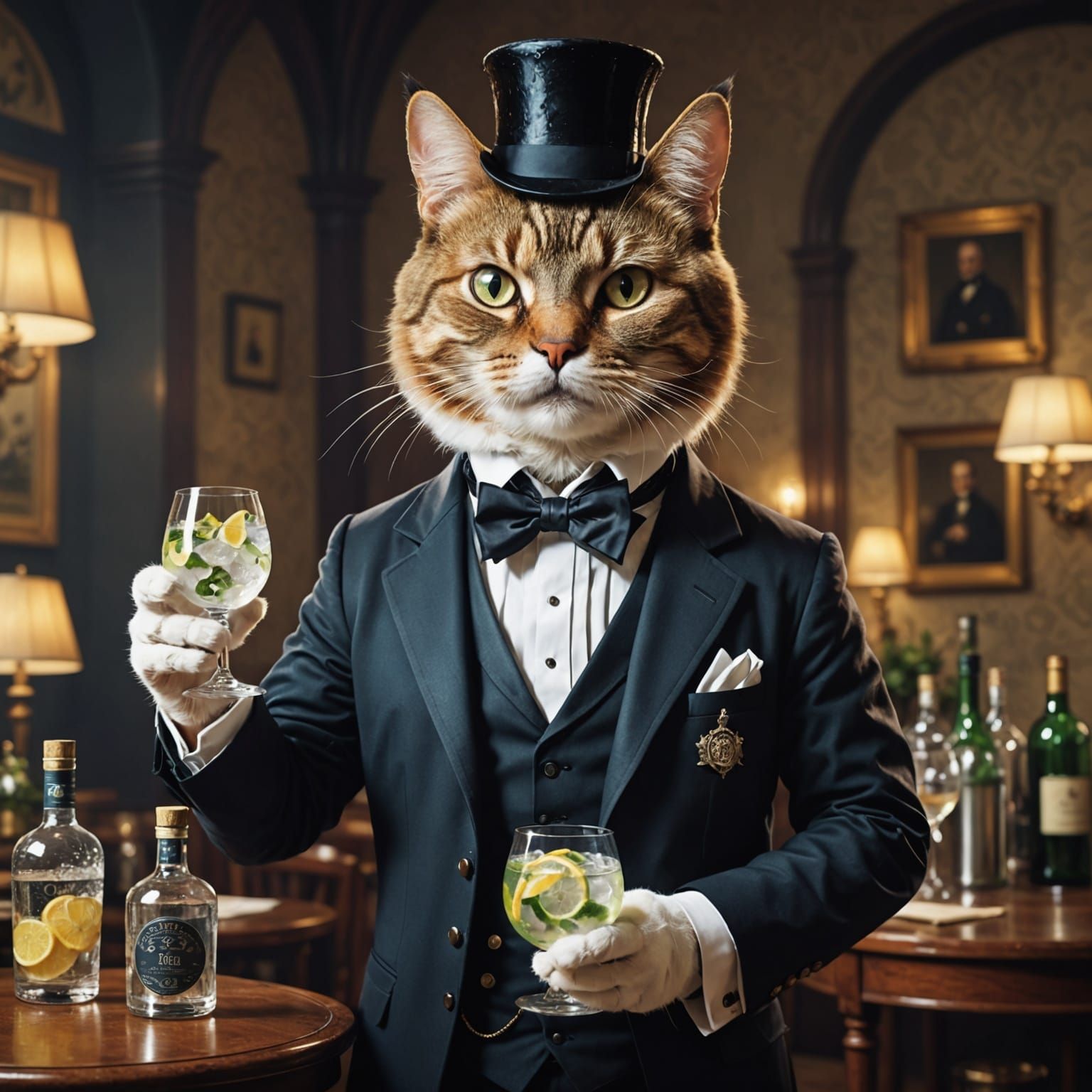 Dapper Feline Butler Serves Gin and Tonic