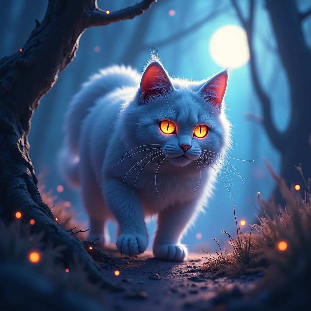 Mystical Cat in Moonlit Forest, Fantasy Art