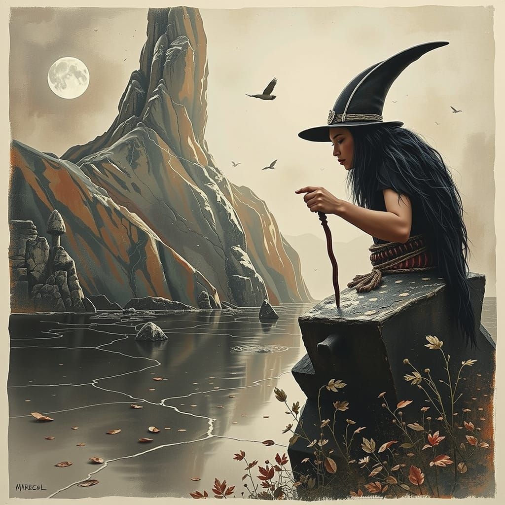 Colorful Landscape with Pink Figure and Golden Leaves