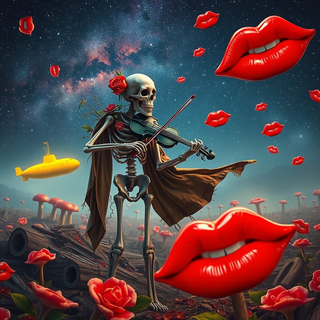 Surreal Fantasy Scene with Skeleton in Ancient Battlefield