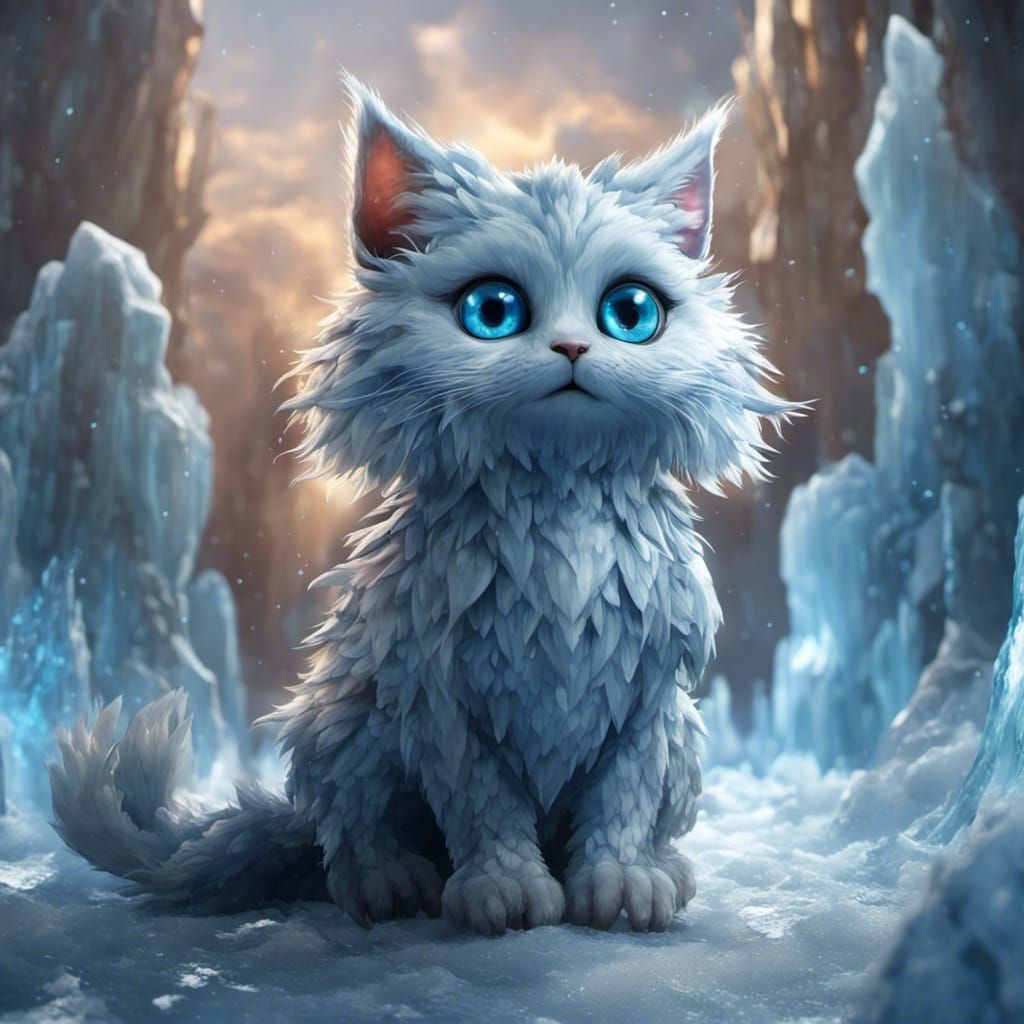 Winged Ice Cat with Blue Eyes in Detailed Matte Painting