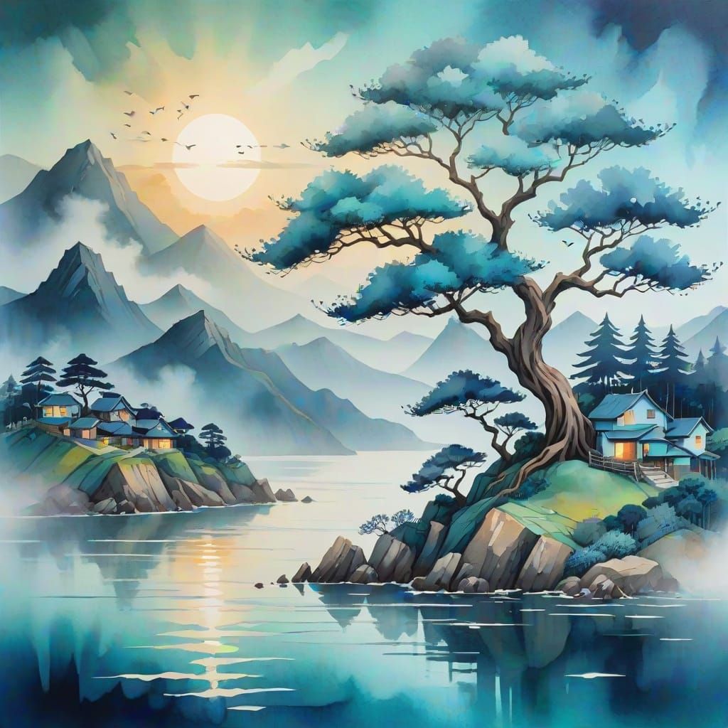 Majestic Tree Guardian of the World in Watercolor Seascape