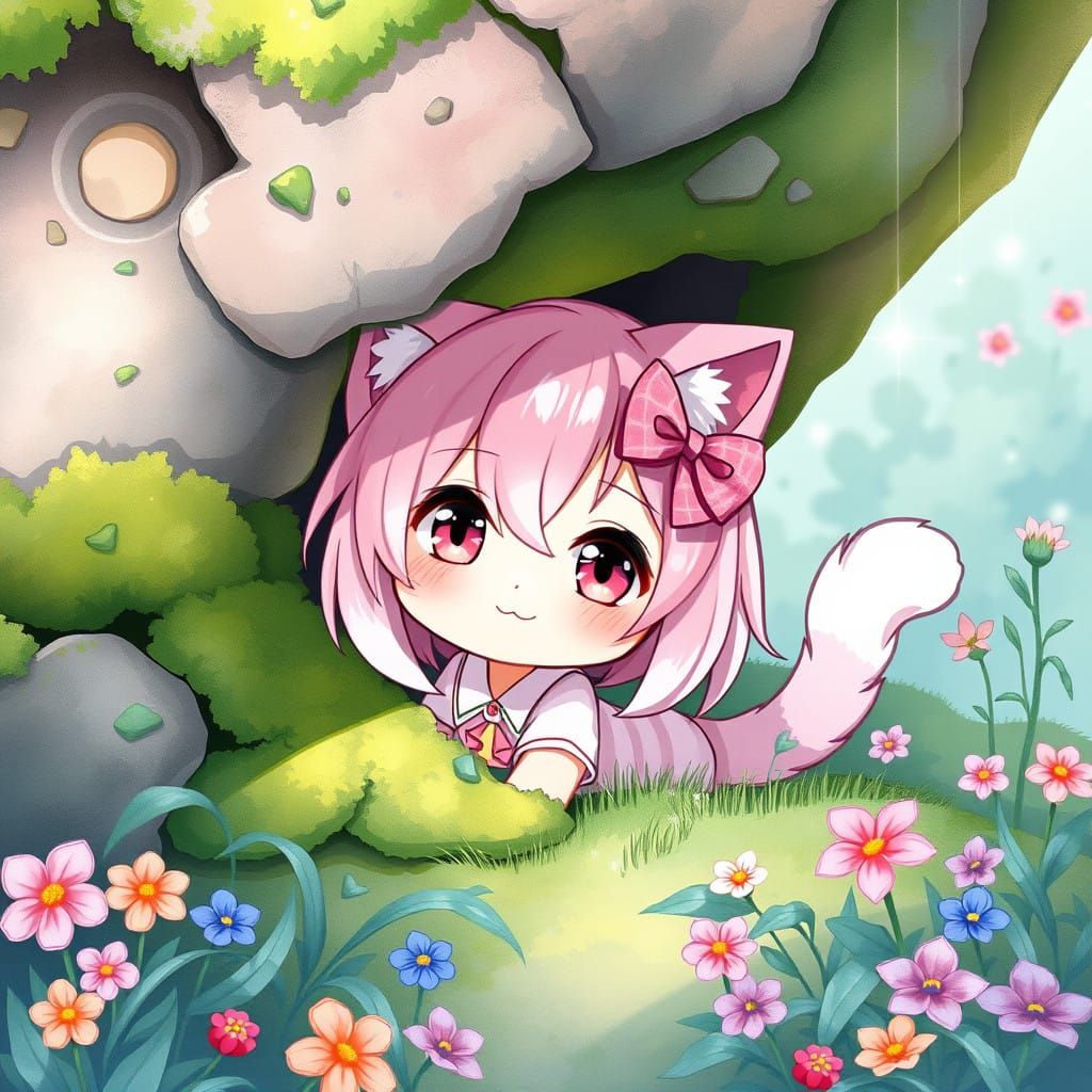 Pastel Pink Catgirl Peeks from Under Mossy Boulder in Dreamy...