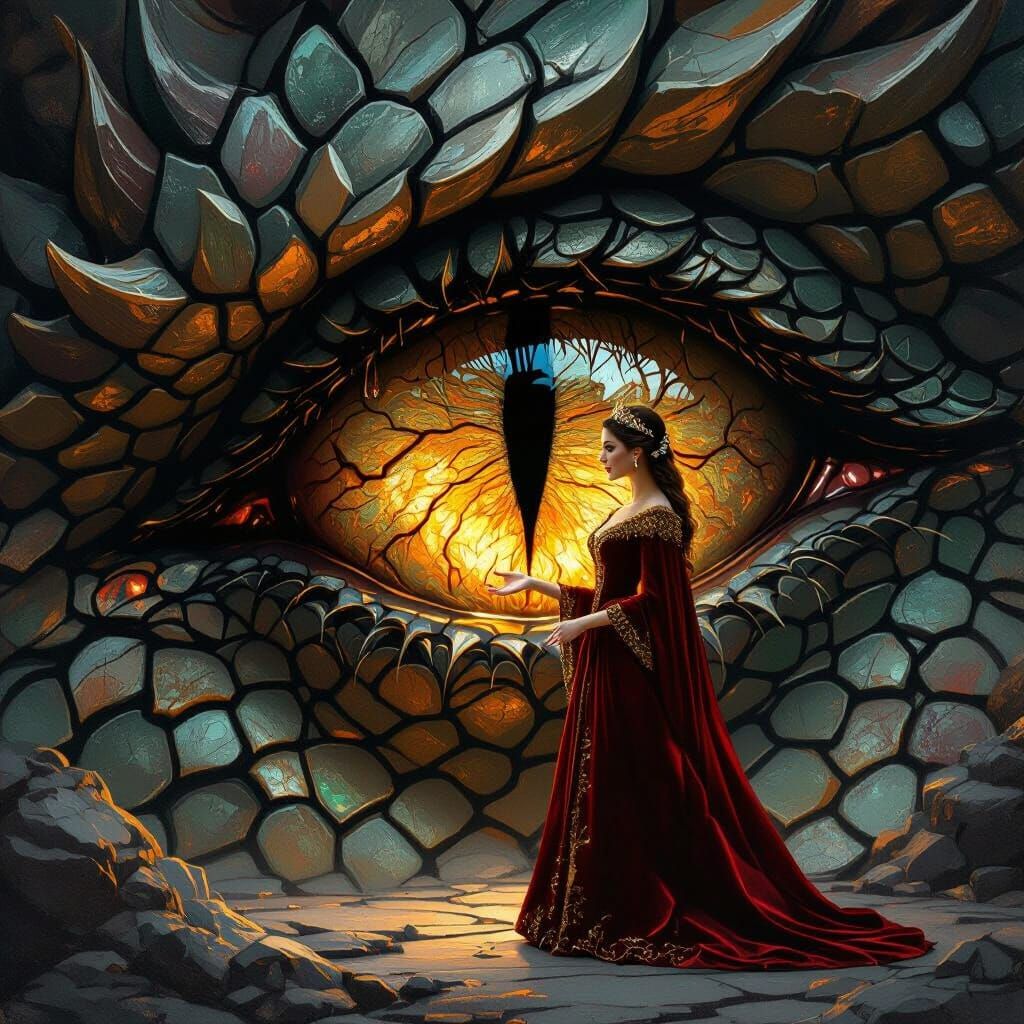 Dragon's Eye Reflects Queen in Painterly Realism