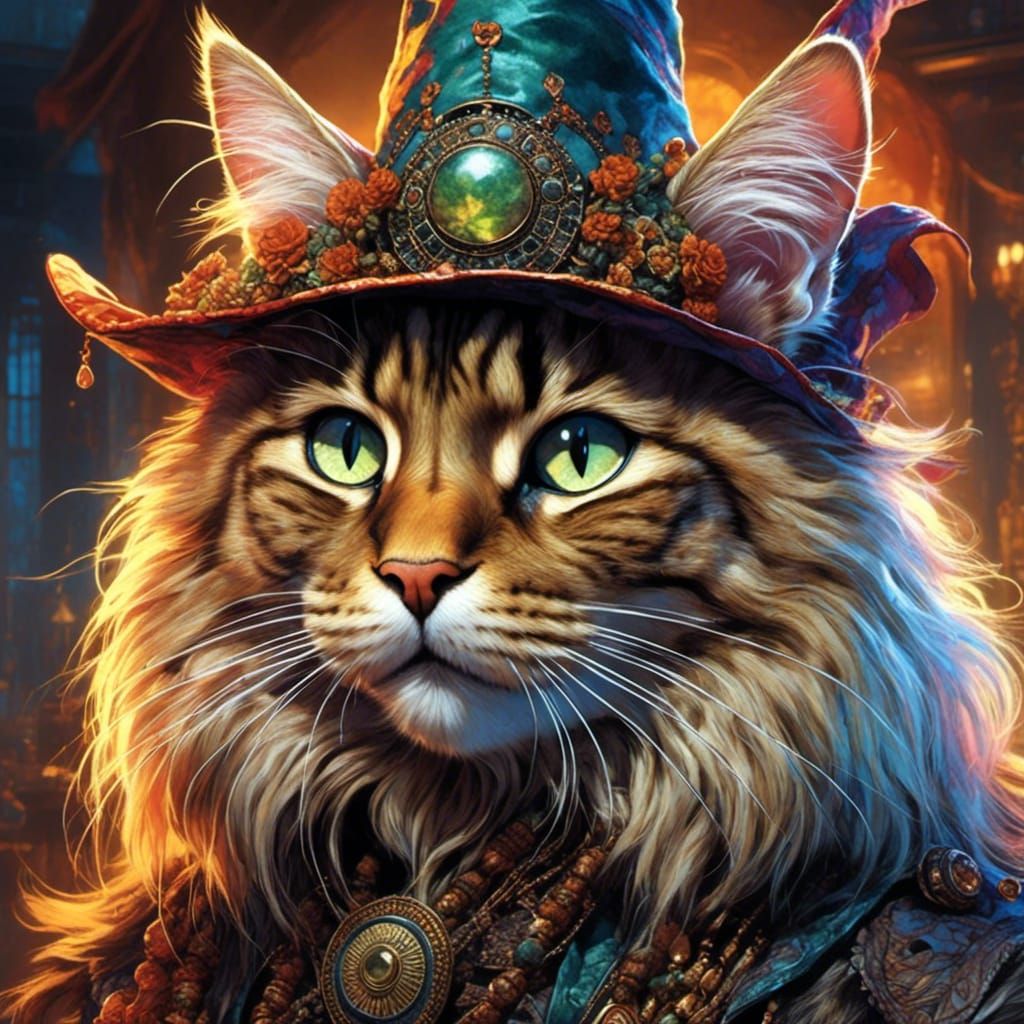 Biopunk Siberian Cat Witch in Watercolor Style