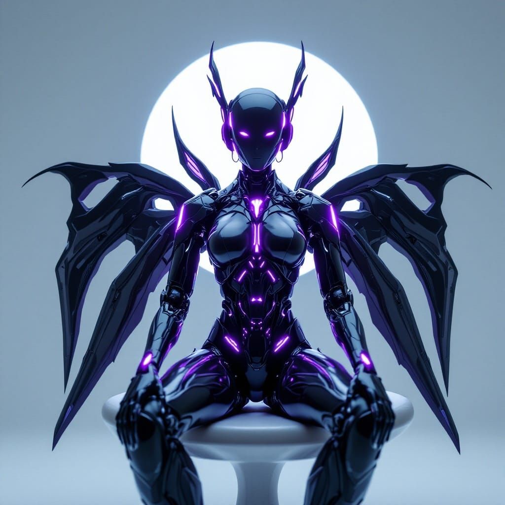Goth Fairy Robot Sits in Futuristic Posture on Modern Mushro...
