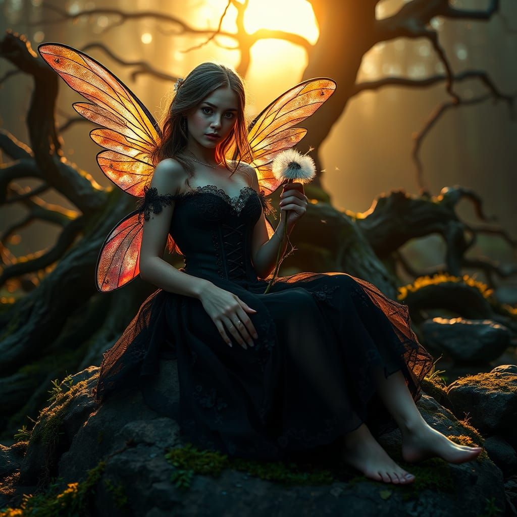 Fairy with Dandelion in Mystical Forest