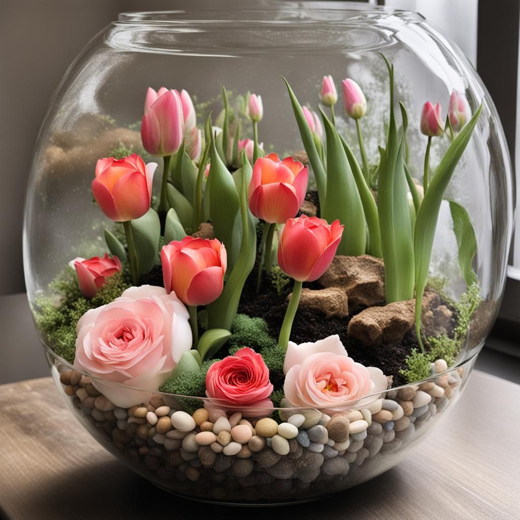 Roses and Tulips in Glass Terrarium