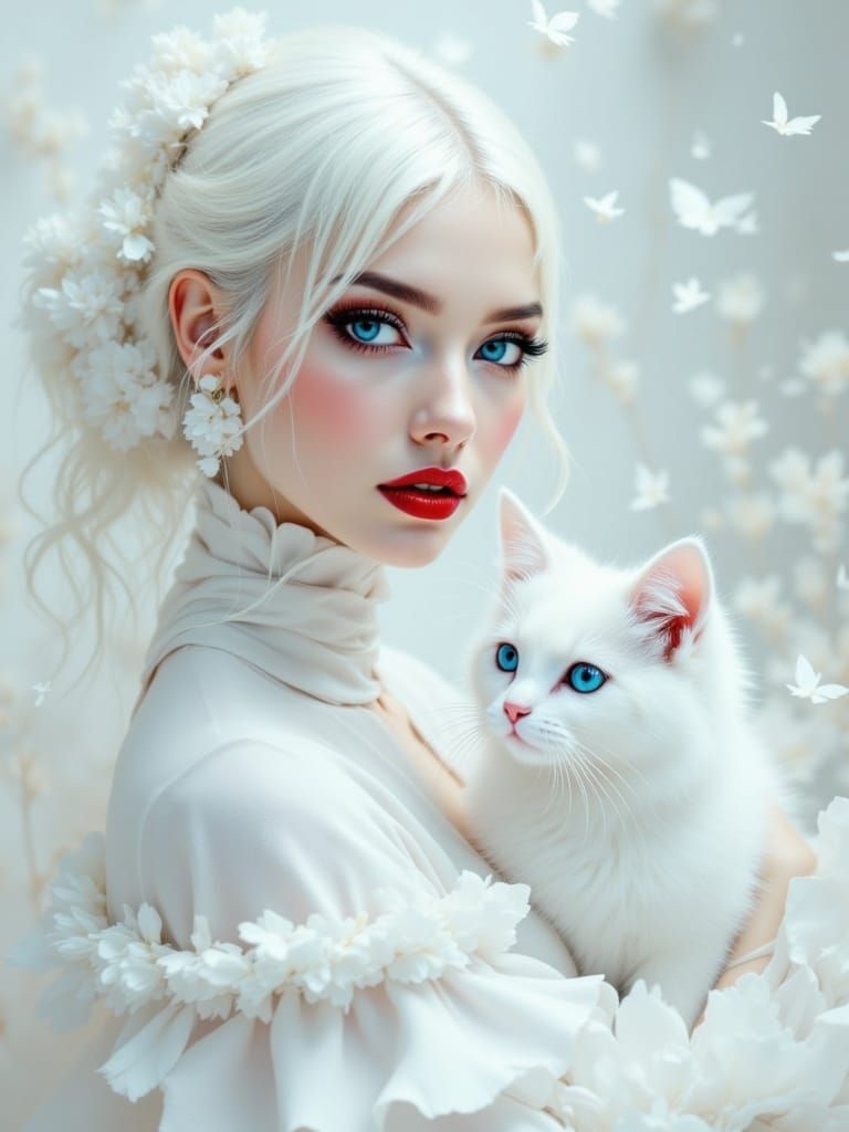 Rococo Woman with White Cat in Soft Focus Cityscape