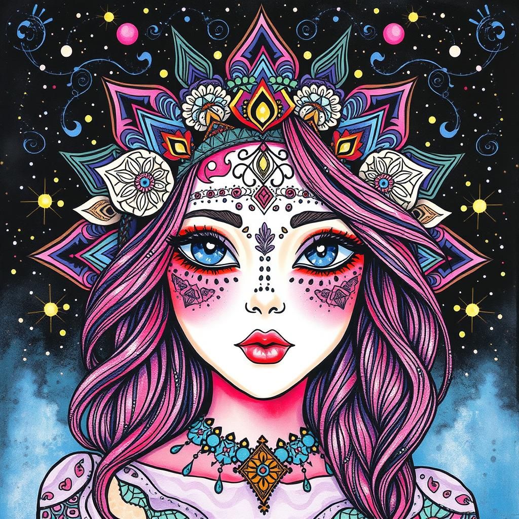 Mystic Zentangle: Psychedelic 60s Portrait in Gouache