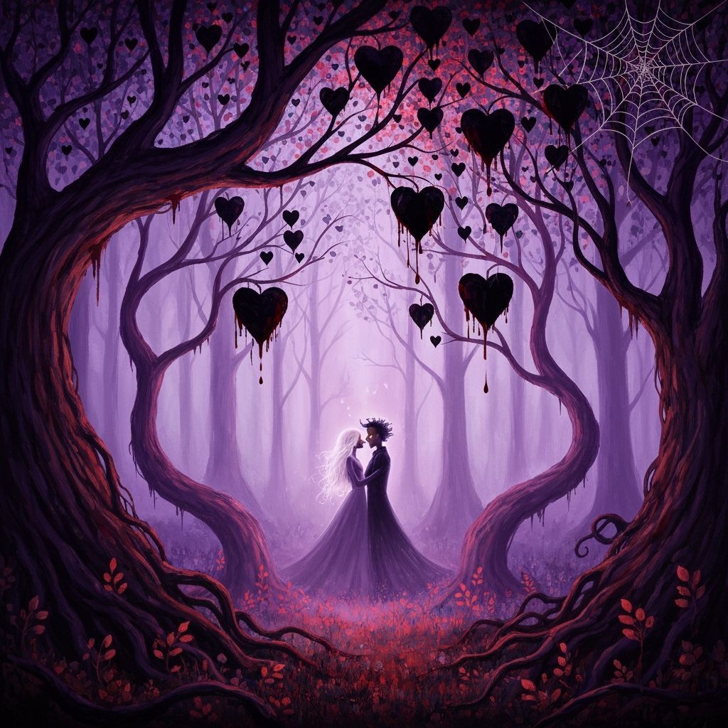 Eerie Forest Lovers Amidst Blood-Dripping Webs