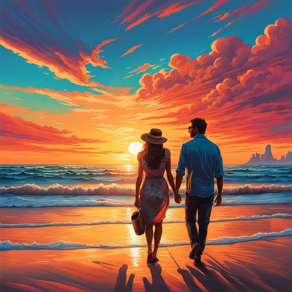 Sunset Beach Walk: Hyperrealistic Couple's Stroll
