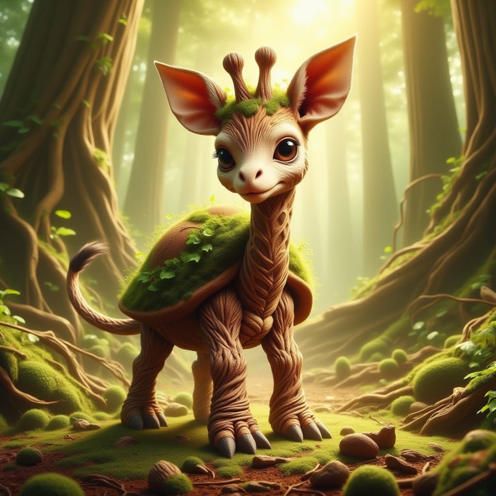 Whimsical Steampunk Giraffe-Turtle Hybrid in Sunny Forest