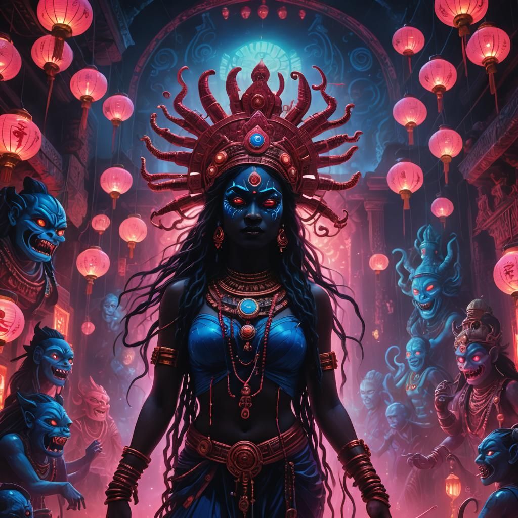Neon Maa Kali in Misty Temple: Digital Art