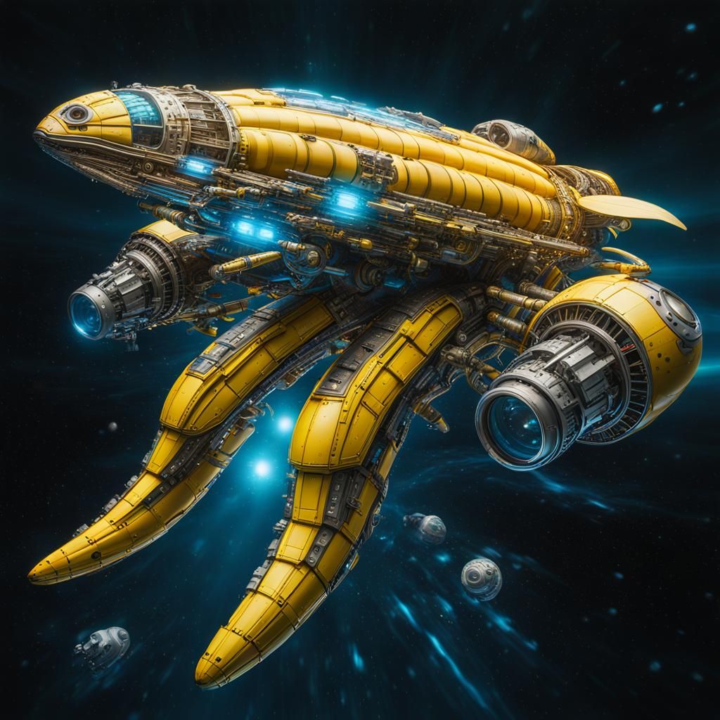 Biomechanical Banana Spaceship with Space Octopus in Light P...