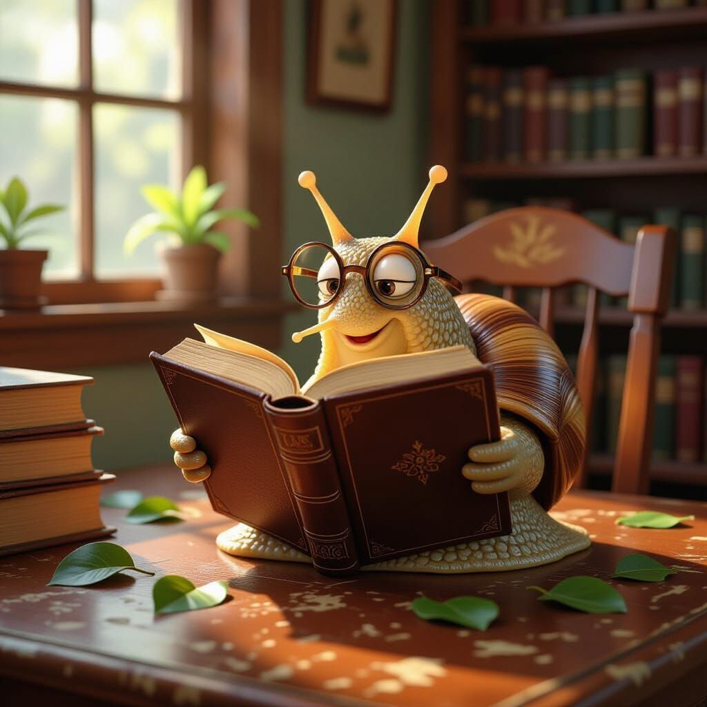 Studious Snail Reads in Cozy Library, Cartoon Style