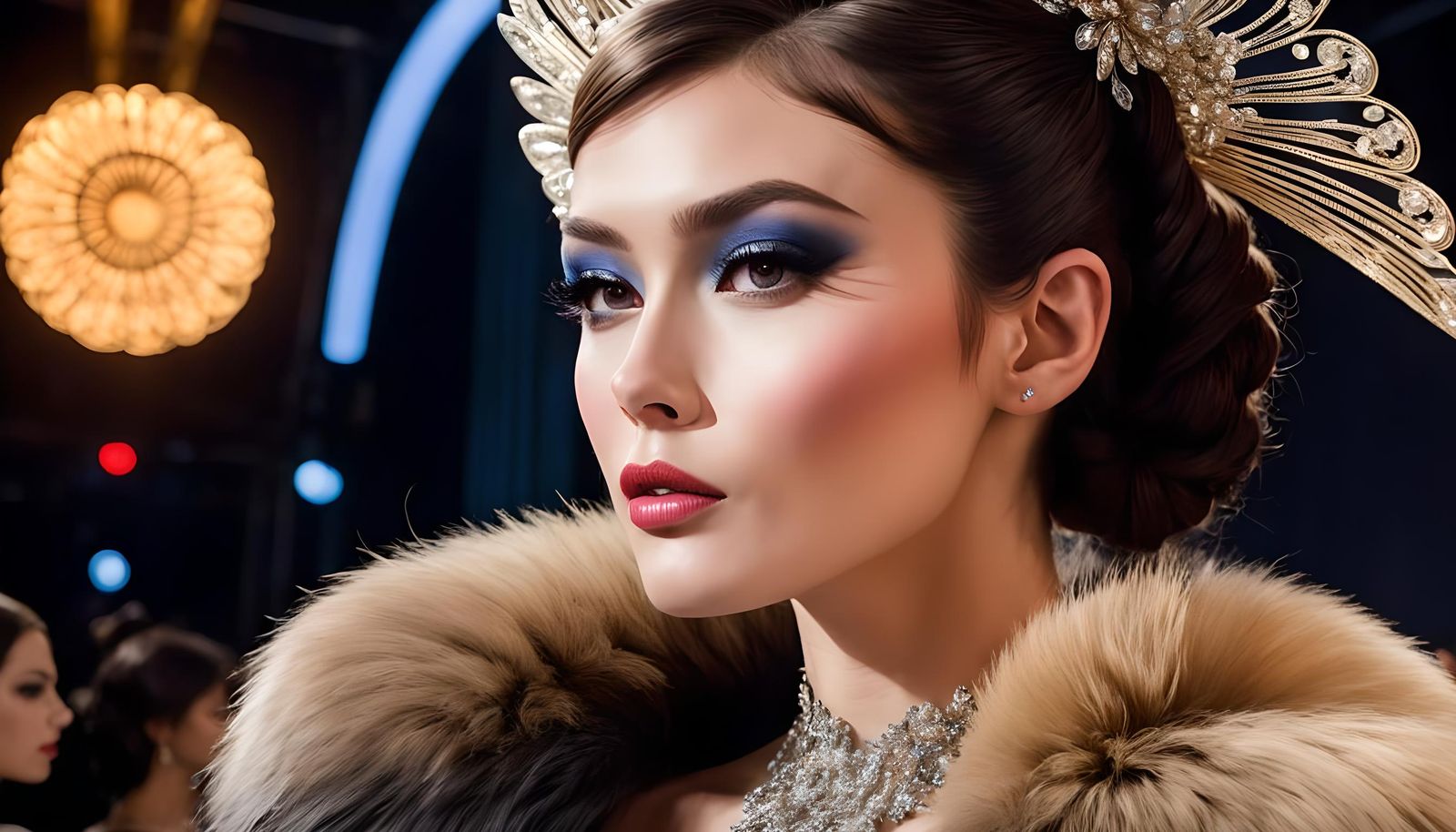 A runway fashion show with several beautiful couture fashion...