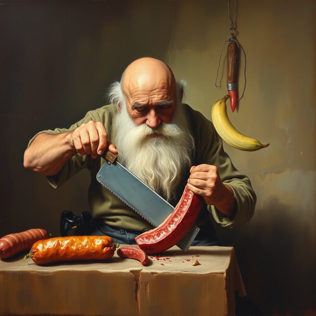 Wisdom's Sausage Cutting Moment in Oil Painting Style