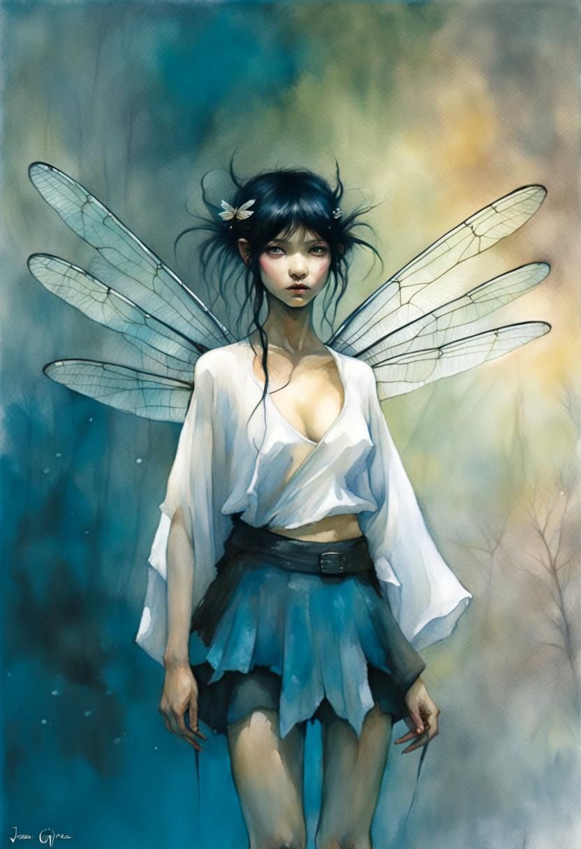 Black Hair Fairy with Dragonfly Wings in Watercolor Style