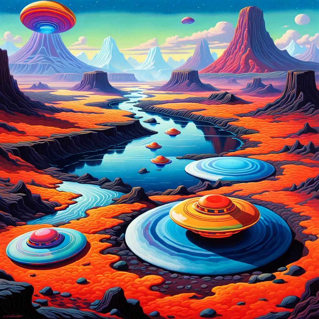 Colorful Flying Saucers in Psychedelic Alien Landscape