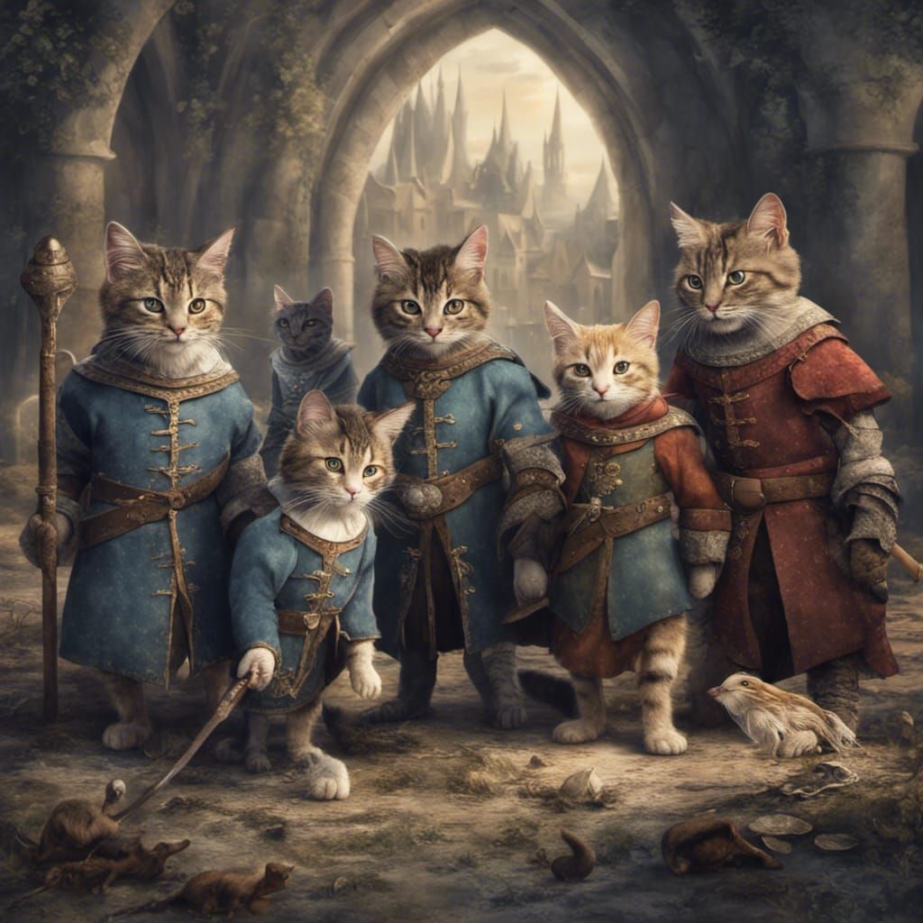 Medieval Cats Hunting Mice: Fantasy Art