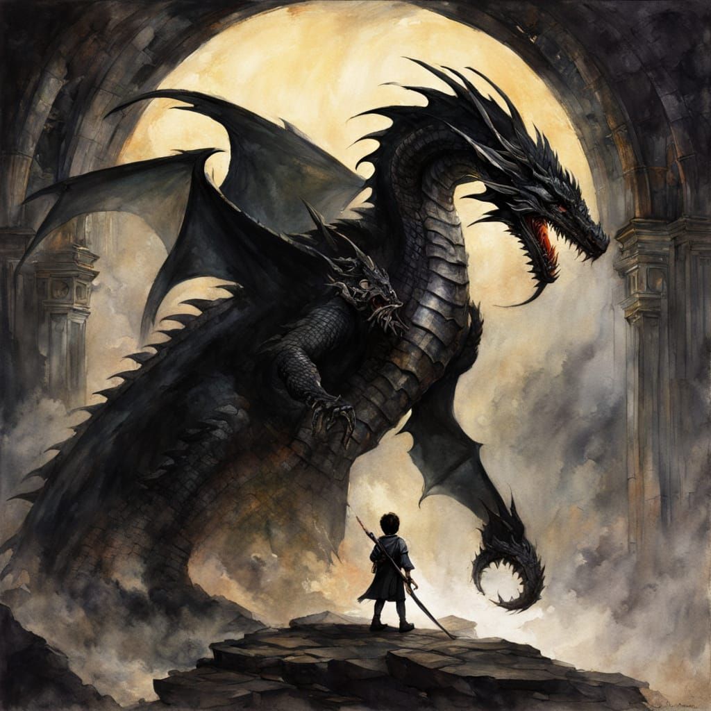 Ethereal Watercolor Rendering of a Boy Facing a Majestic Dra...