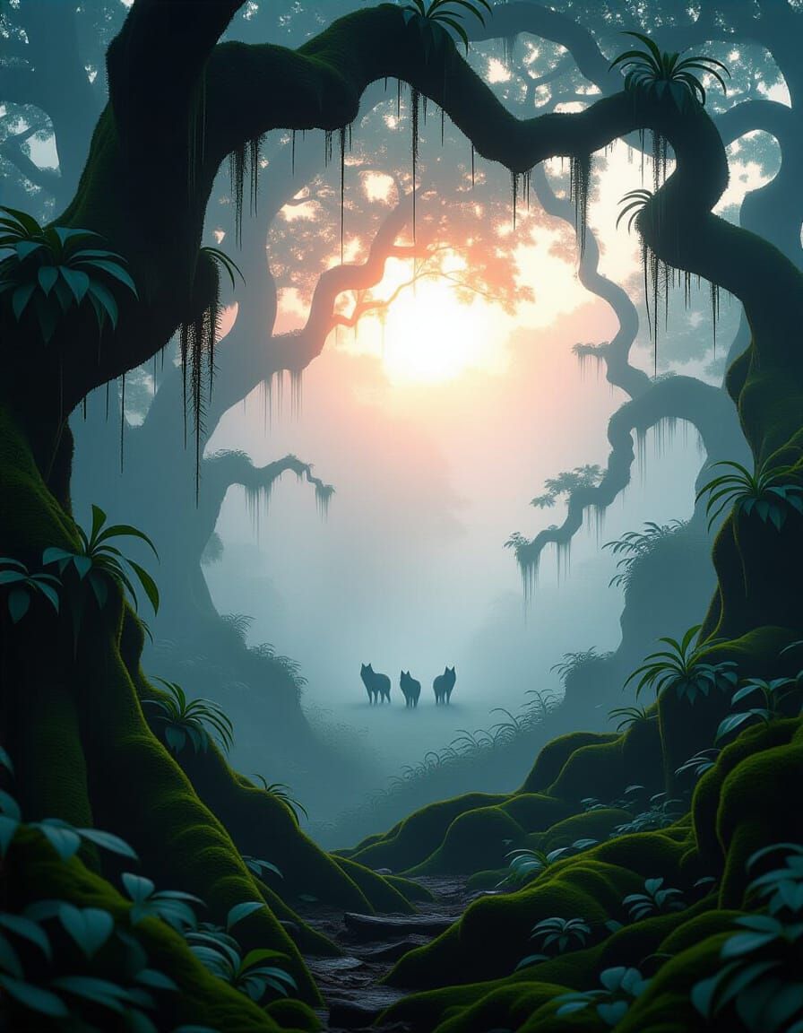 Misty Forest with Gnarled Trees and Rosy Sun