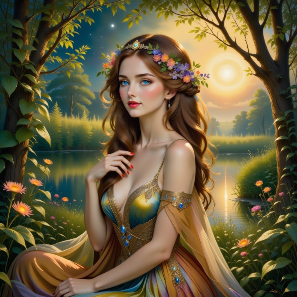 Elegant Woman in Moonlight, Oil Painting Style