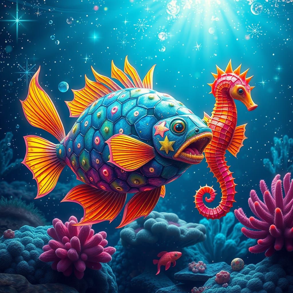 A fish and seahorse made of cactus. in cosmic water. tropica...