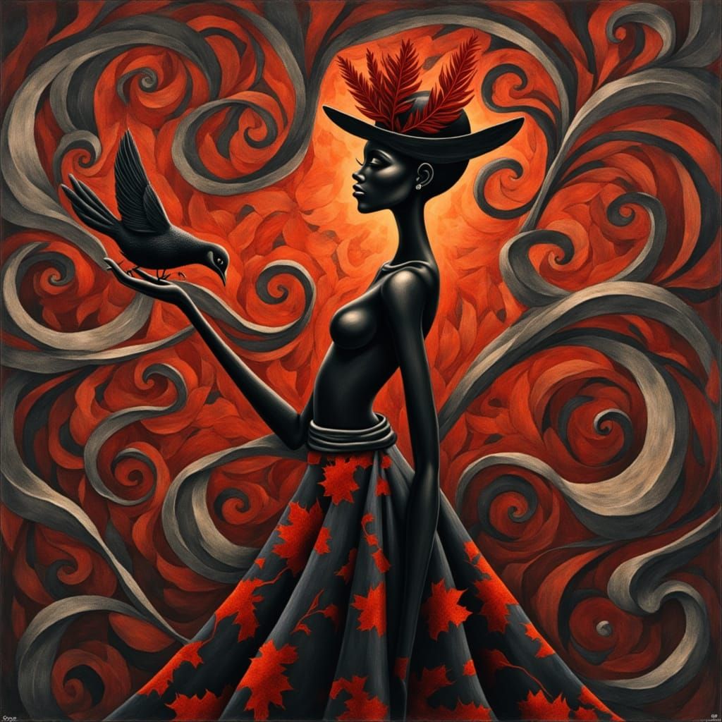 Elegant Black Woman with a Bird, in Traditional African Text...