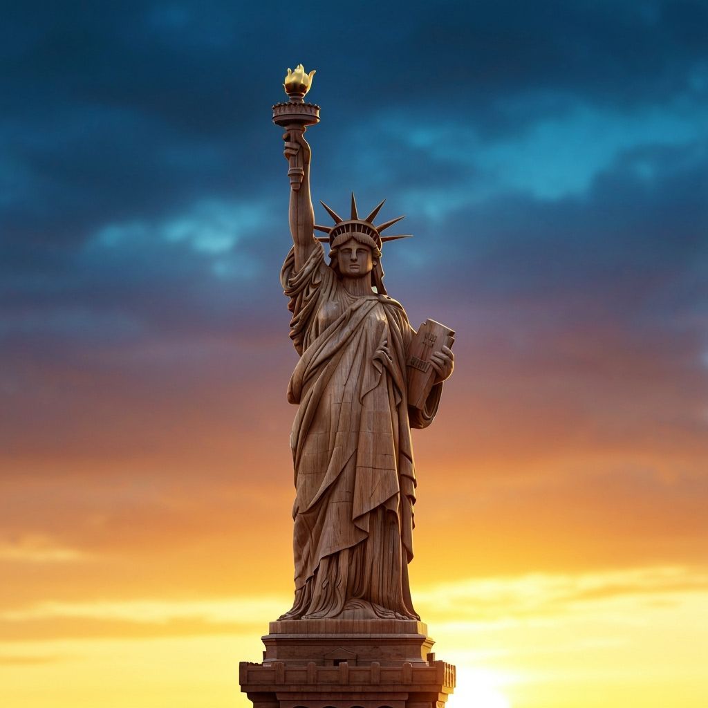 Wooden Statue of Liberty at Golden Sunset