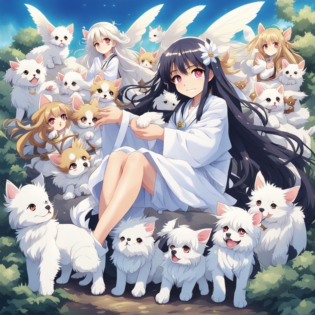 Teenage Animal Fairy with Puppies and Kittens