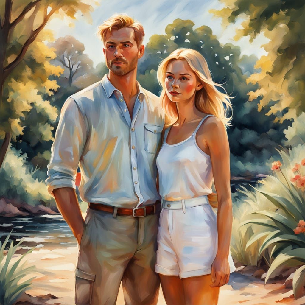 Impressionist Gouache Painting of Couple in Sunlight